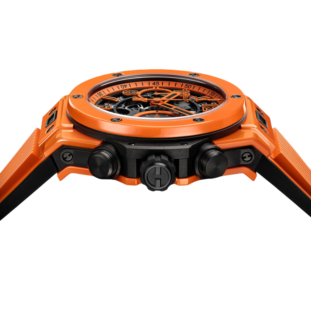 Sporty black and orange tonneau, skeleton dial, orange rubber strap