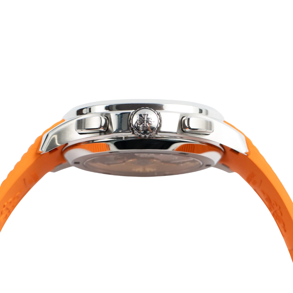 Steel, black gradient dial, orange seconds hand, orange rubber strap