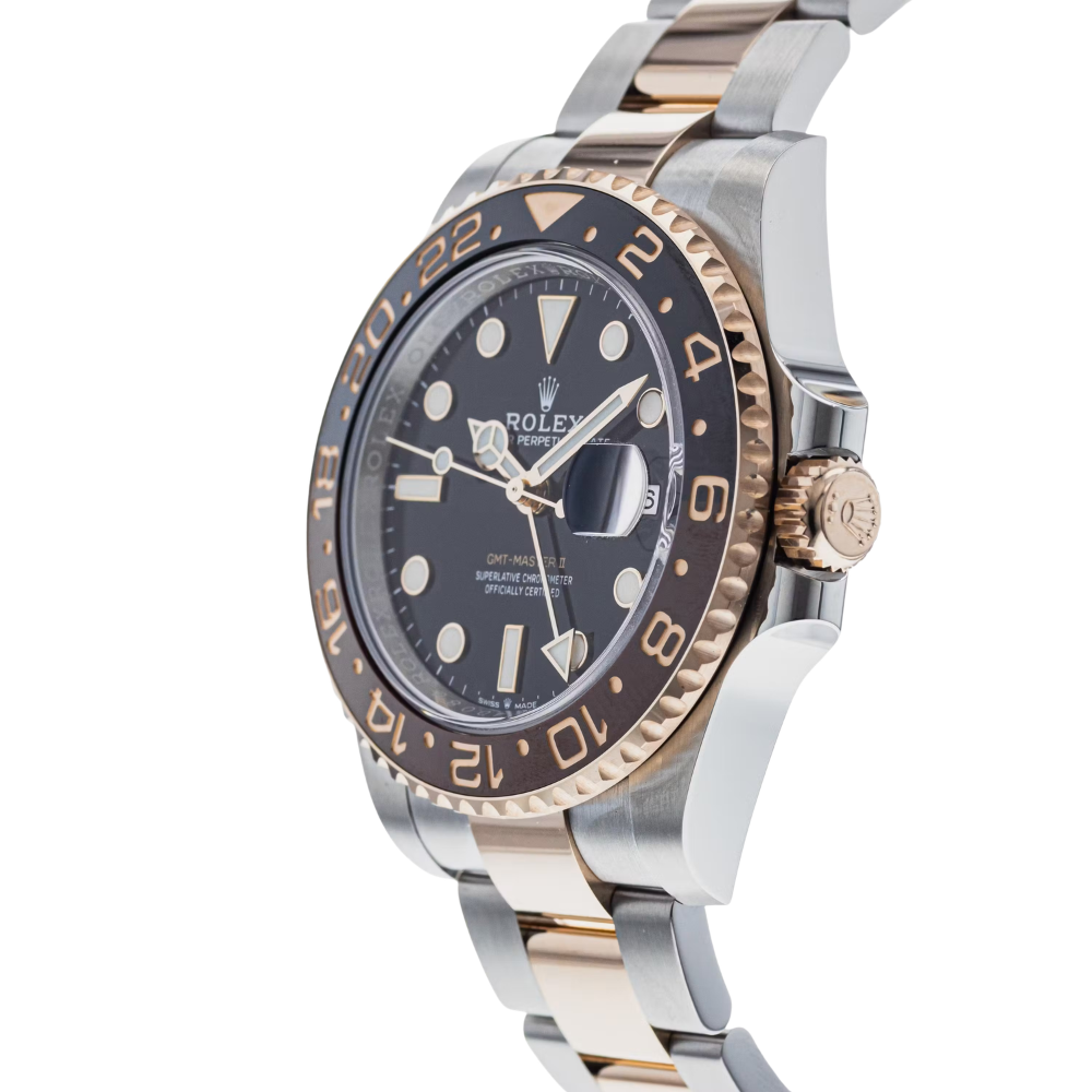 Rose-gold cushion case, black dial, steel and rose-gold bracelet