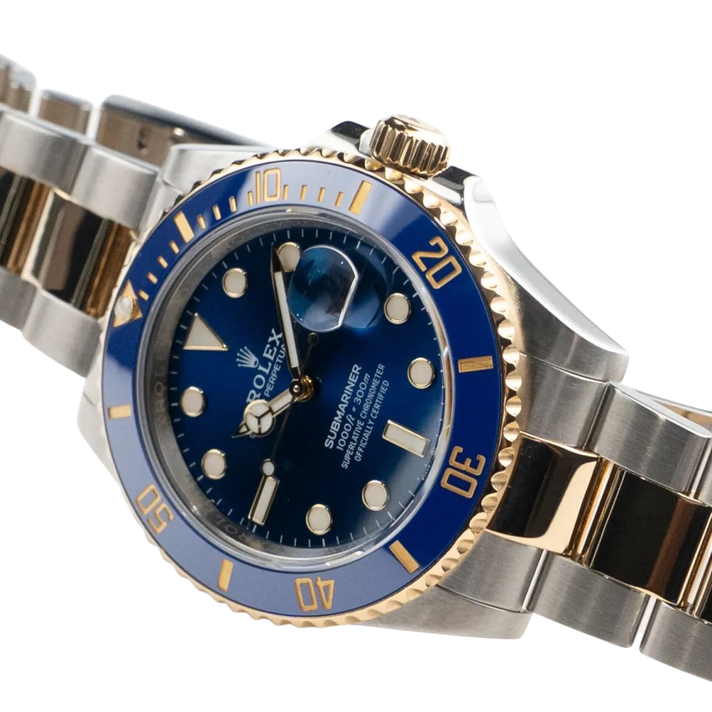Two-tone steel and gold diver, blue 60-minute bezel, blue sunburst dial