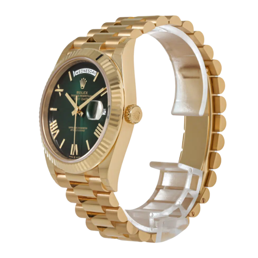 Faceted octagonal, full gold, emerald-green dial with baguette-style markers