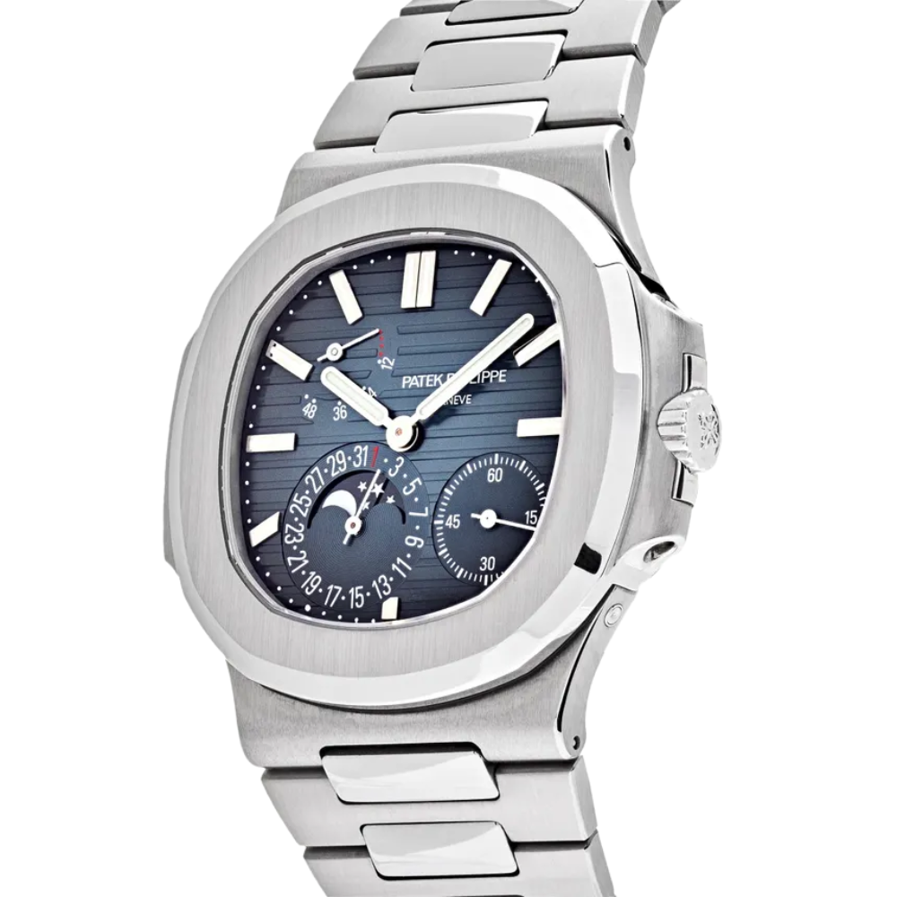Moon phase and calendar, steel, striped blue dial