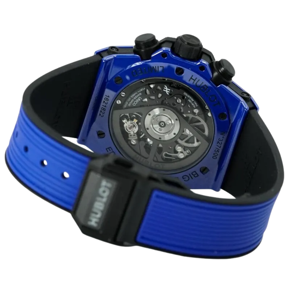 Angular blue and black sport case, skeleton dial with blue accents, blue rubber strap