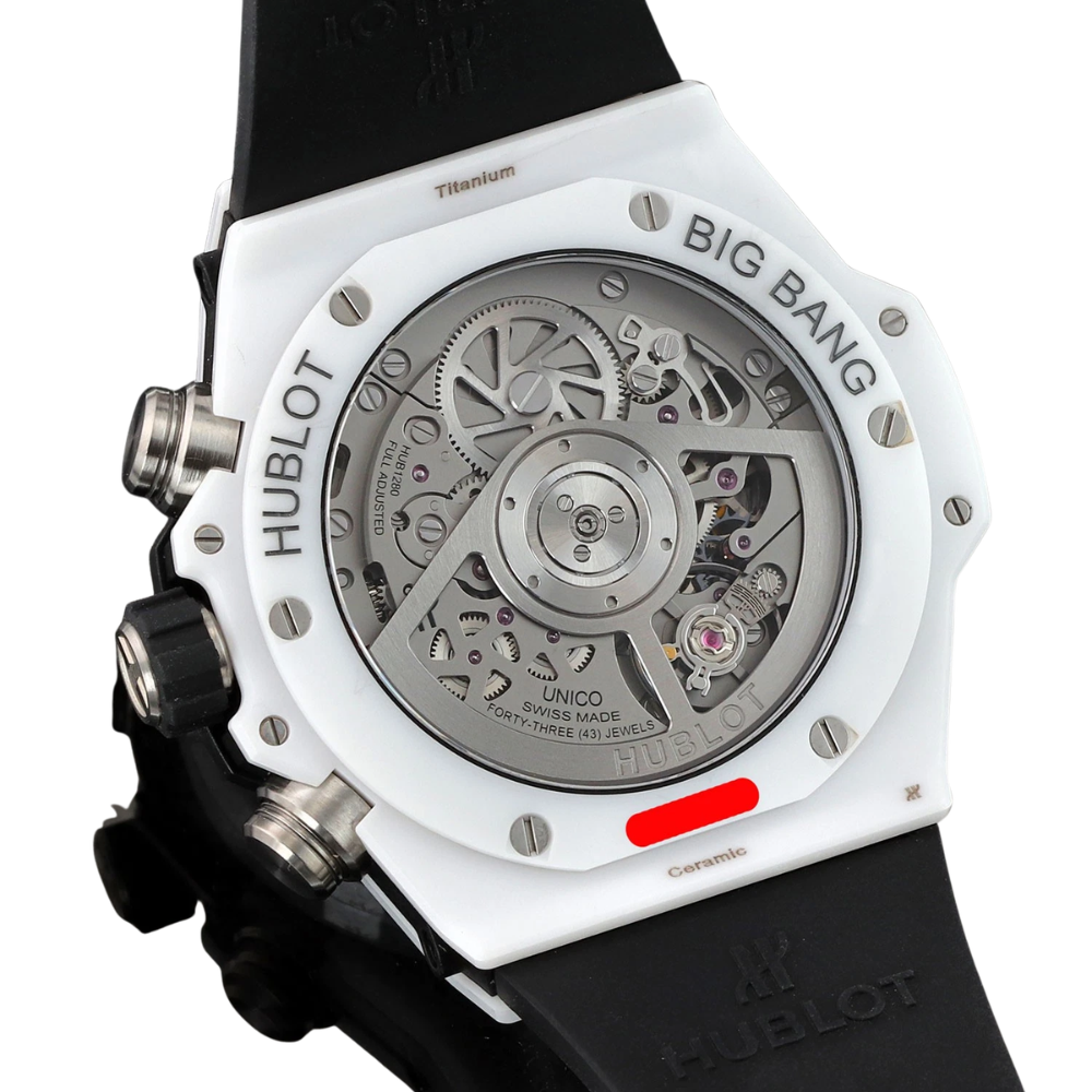 Square sporty case in white ceramic look, panda chronograph with red accents