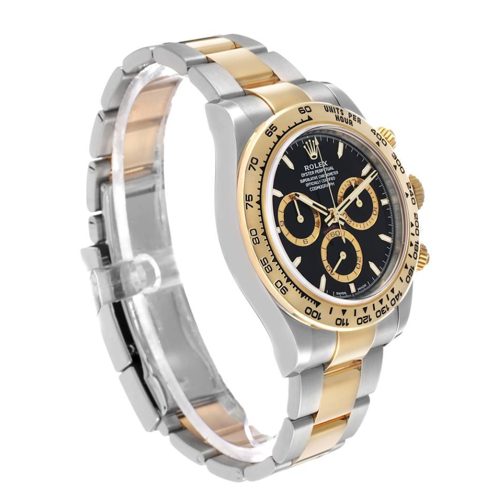 Two-tone steel and gold, gold bezel, black dial with gold accents
