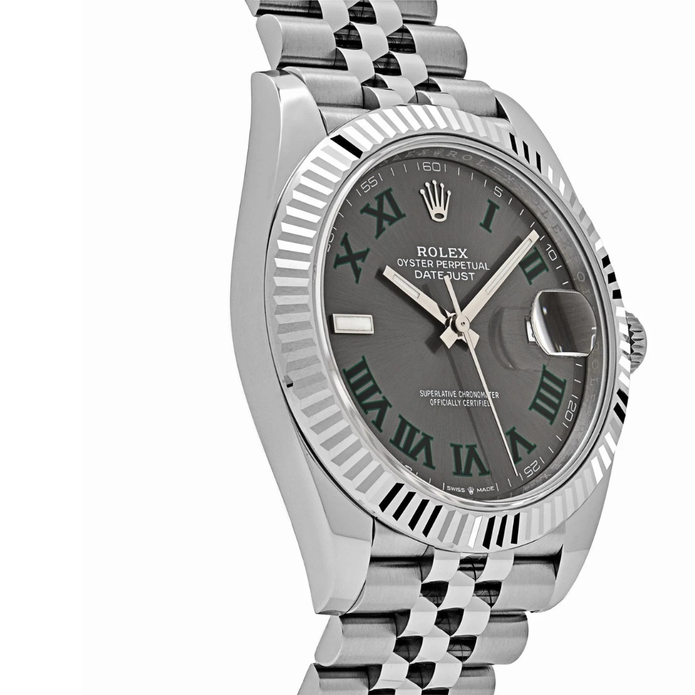 Square case with fluted sides, steel, graphite dial, 5-link bracelet