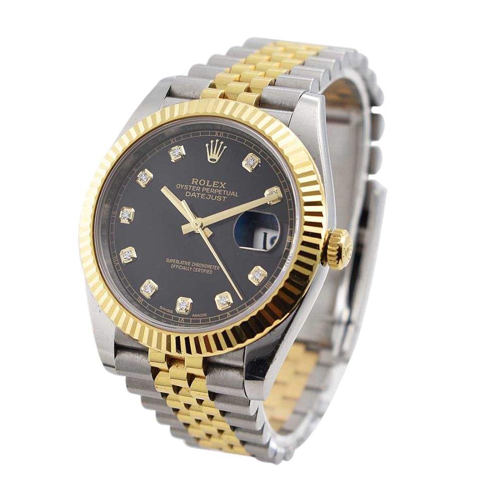 Two-tone, gold octagonal bezel with screws, black dial