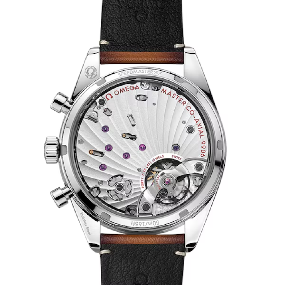 Tonneau case, black chronograph with rose-gold accents, brown leather strap