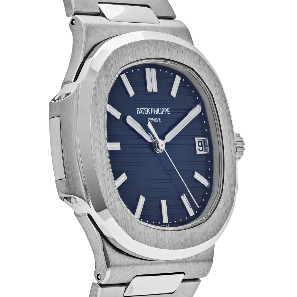 Rounded-square case, steel, navy dial with raised stripes