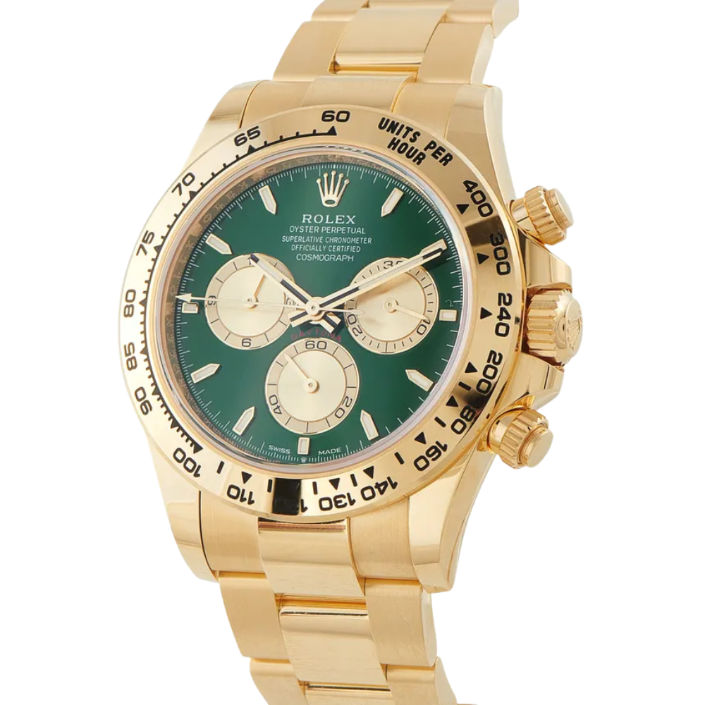 Round dress watch, full gold, green sunburst dial, 5-link bracelet