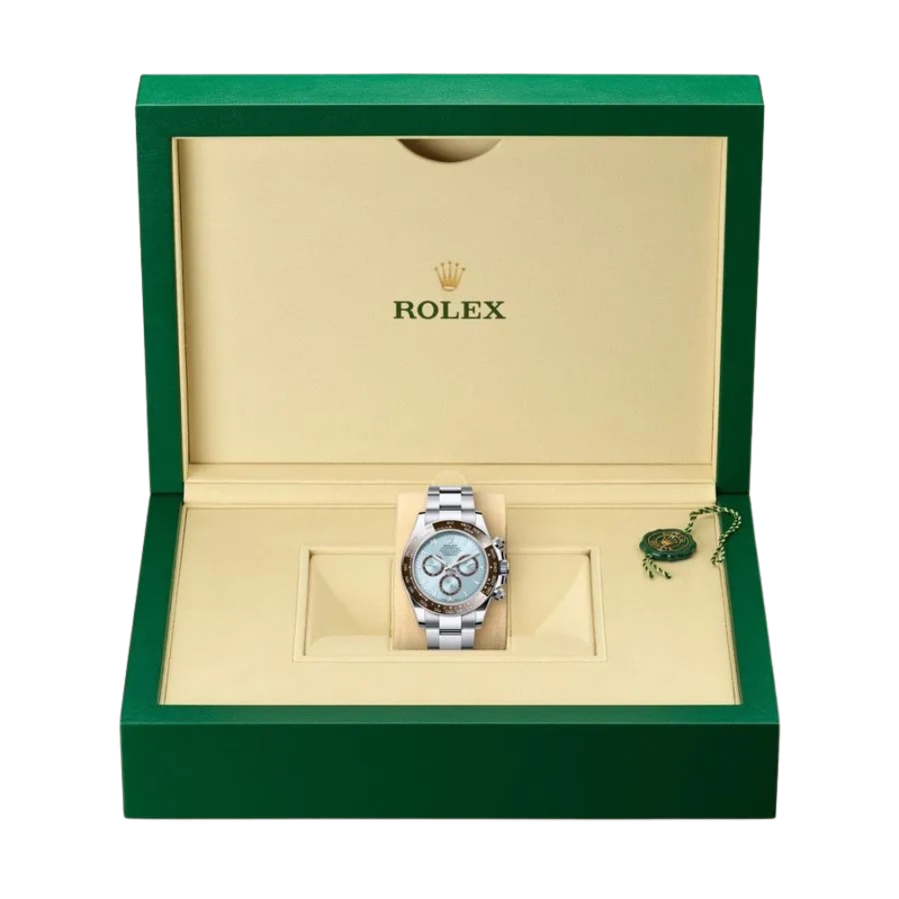 Steel, plain ice-blue dial, case with side pushers