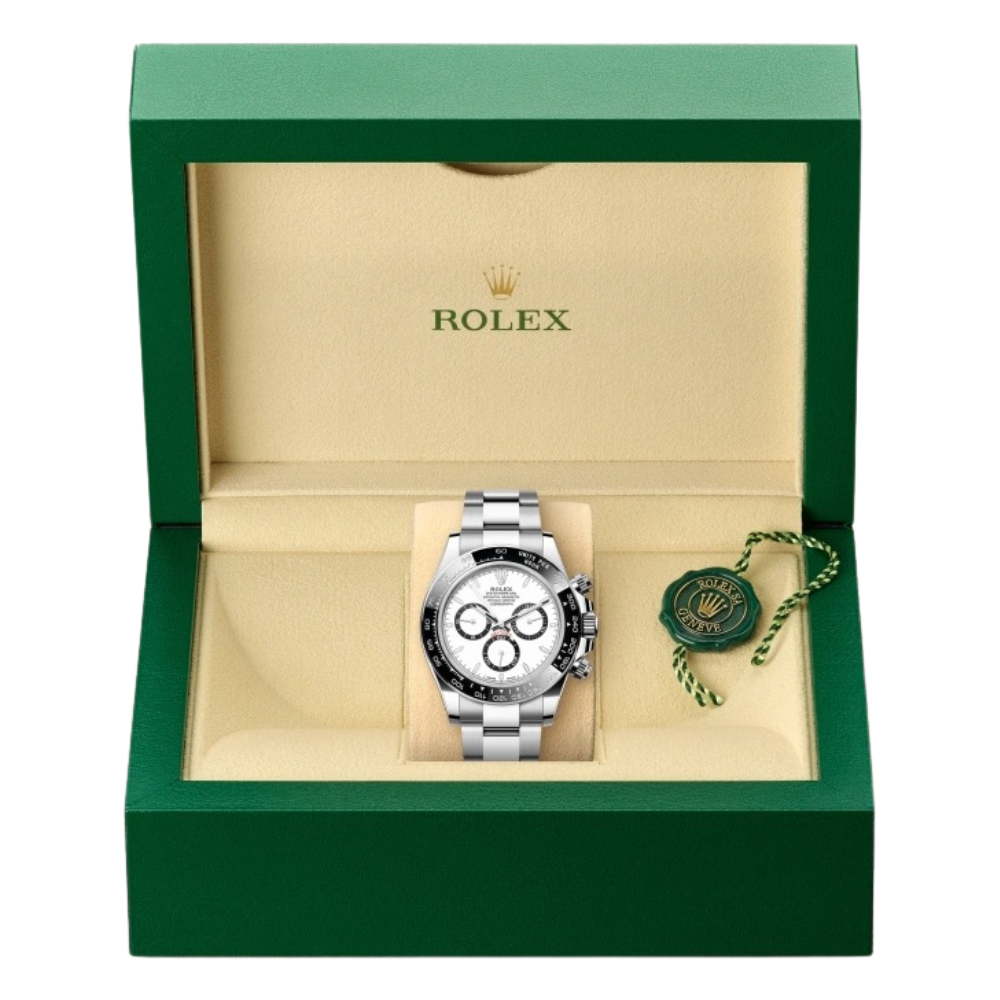 Chronograph, steel, white dial with three black-ringed sub-dials