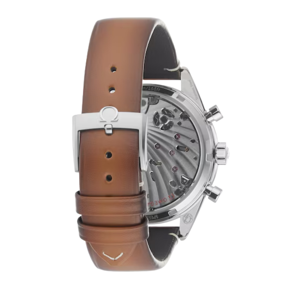 Tonneau case, black chronograph with rose-gold accents, brown leather strap