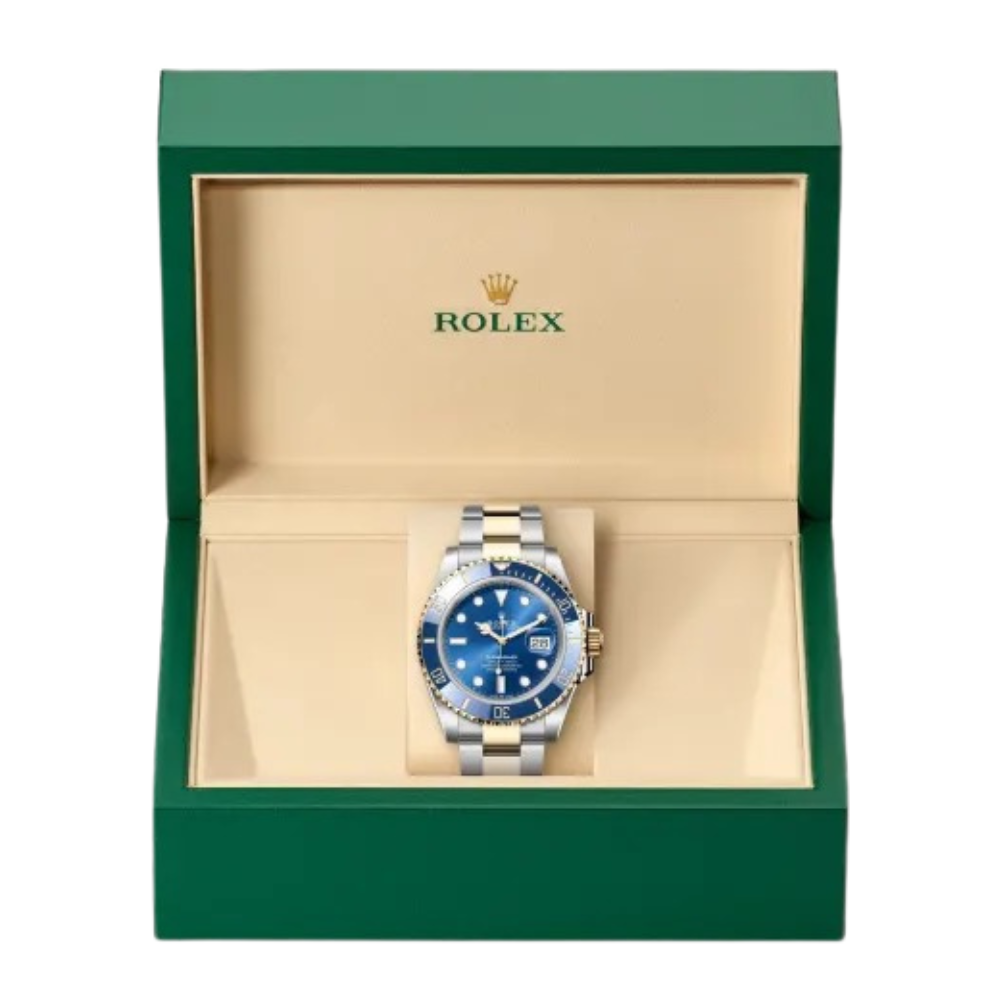 Two-tone steel and gold diver, blue 60-minute bezel, blue sunburst dial