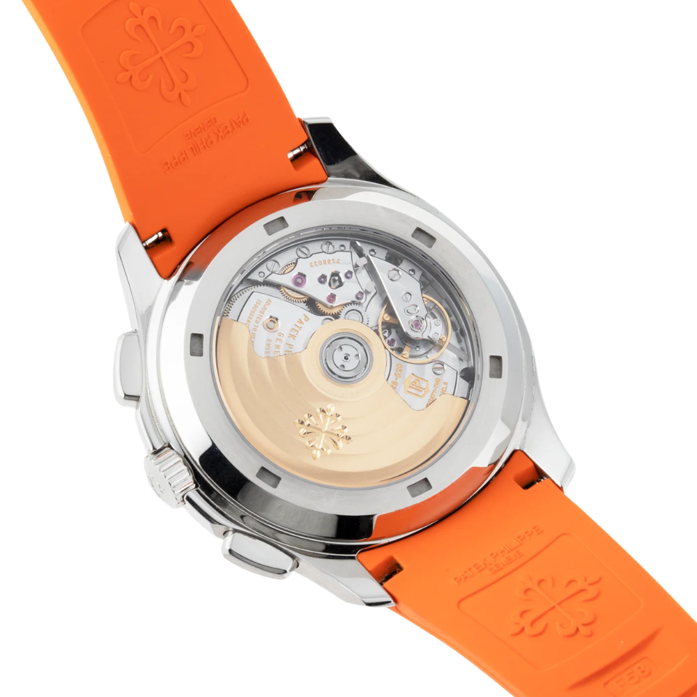 Steel, black gradient dial, orange seconds hand, orange rubber strap