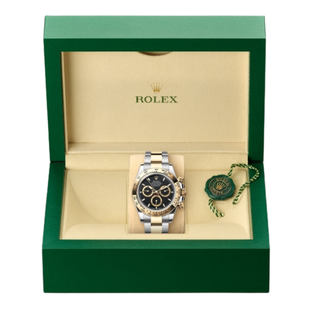 Two-tone steel and gold, gold bezel, black dial with gold accents