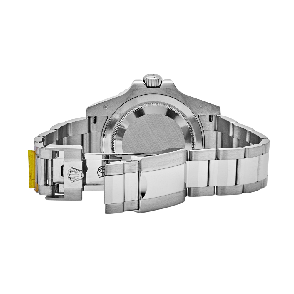 GMT, steel, black 24-hour bezel, triangle-tipped GMT hand