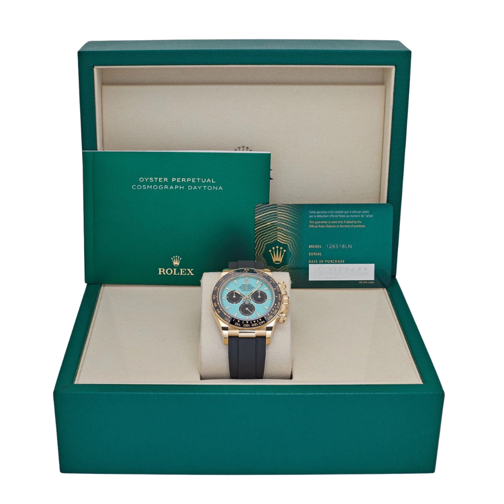 Chronograph, gold case, black bezel, turquoise dial with black sub-dials, black rubber strap