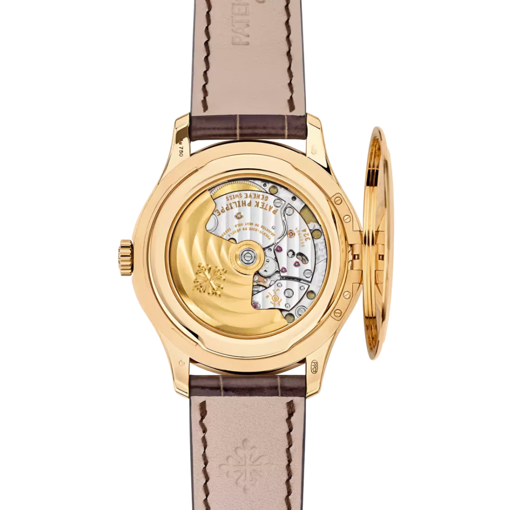 Rectangular gold case, cream champagne dial, croco-textured brown leather strap