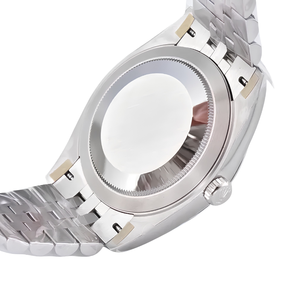 Sporty gunmetal octagonal with crown guard, textured dial, rose-gold accents