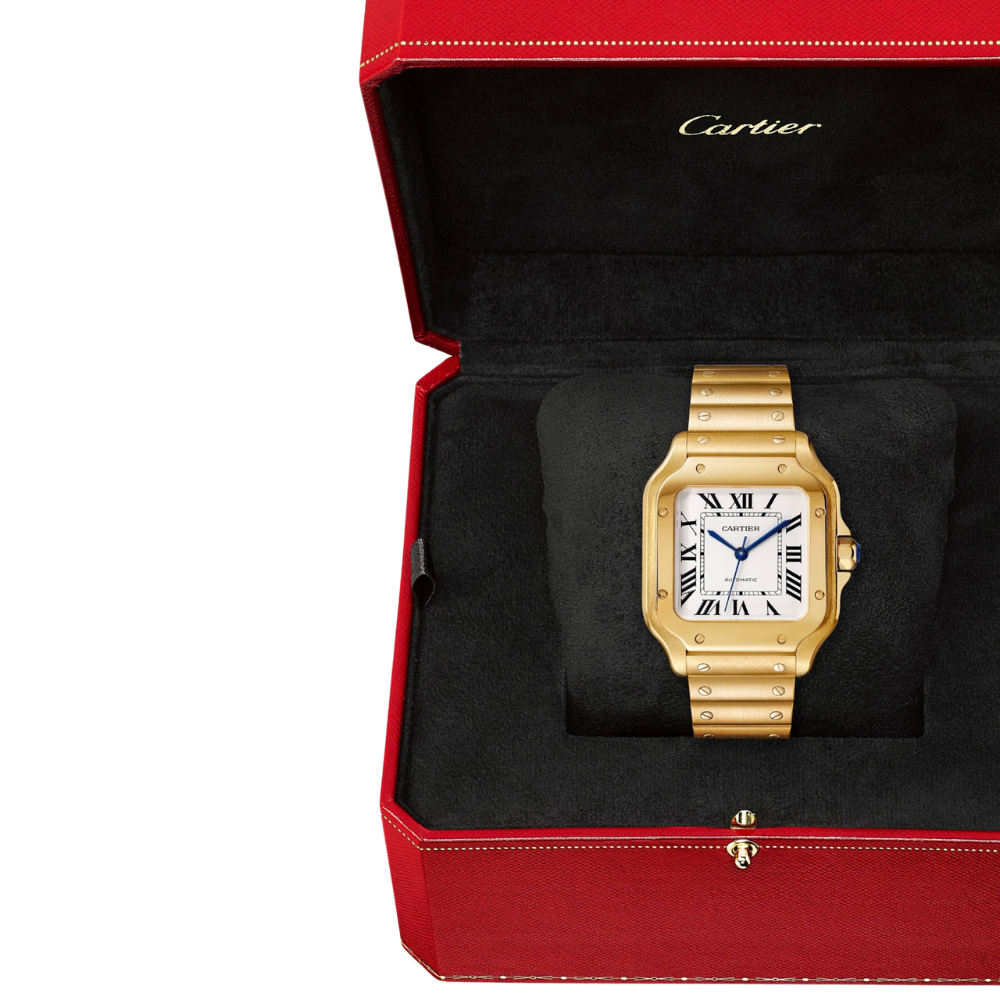 Rounded square, full gold, white dial with blue hands