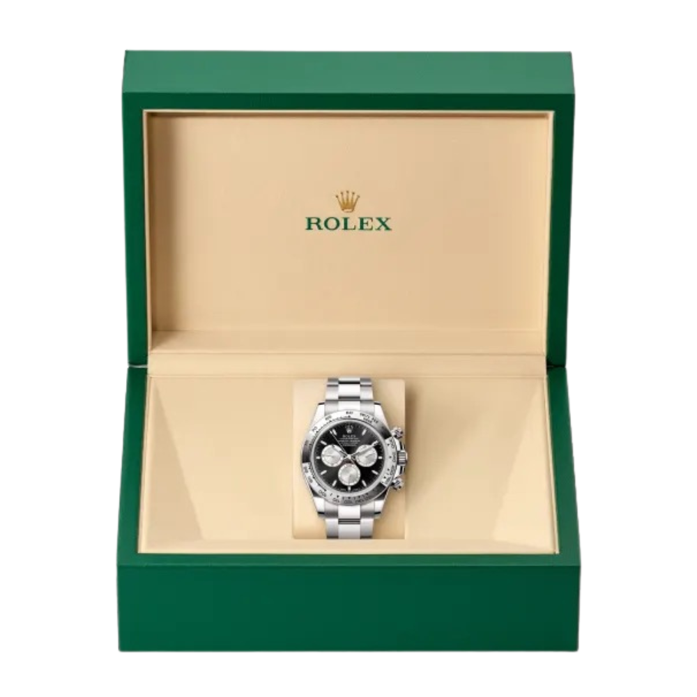 Chronograph, steel, black dial with three silver sub-dials