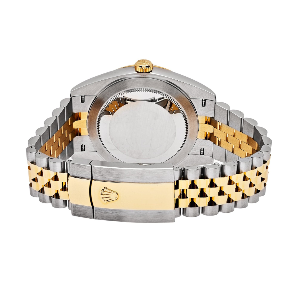 Two-tone, gold octagonal bezel with screws, black dial