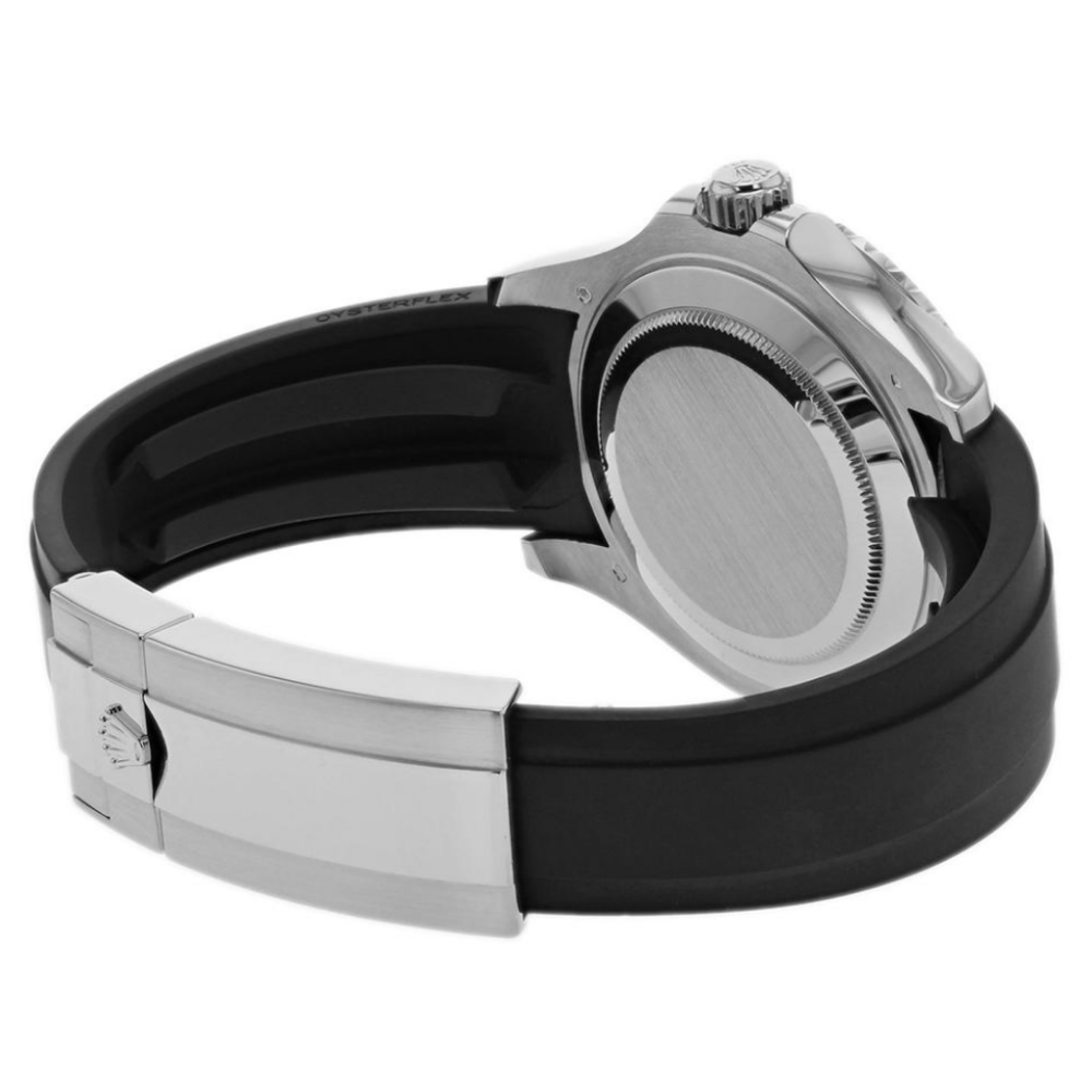 Octagonal case with 8-screw bezel, steel, black dial, black rubber strap