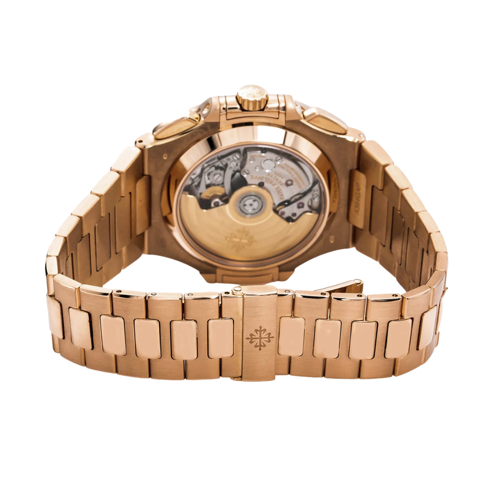 Rounded square with pushers on both sides, full rose gold, black dial