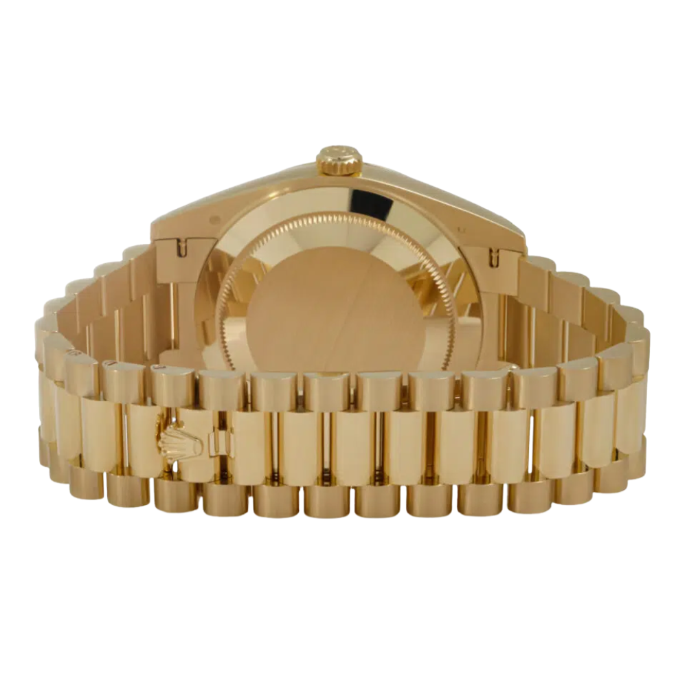 Faceted octagonal, full gold, emerald-green dial with baguette-style markers
