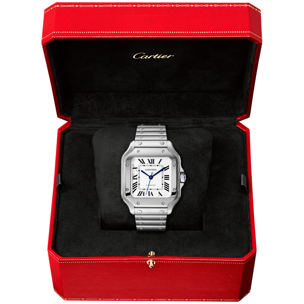 Rounded square, steel, silver dial with blue hands and blue-accent crown