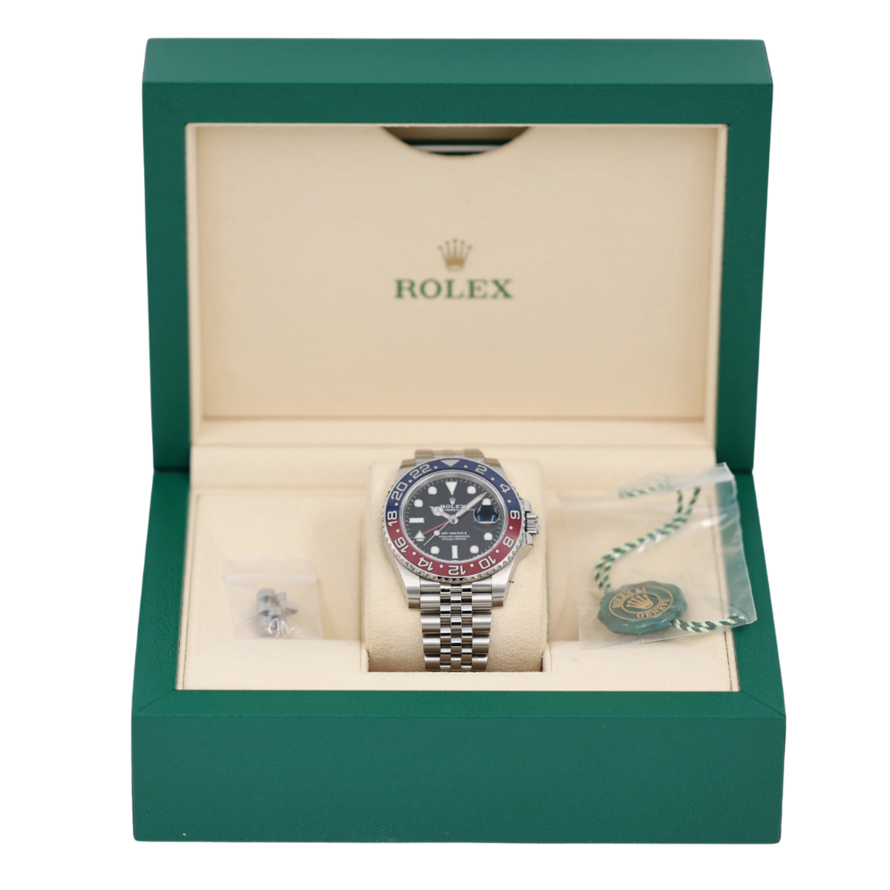 GMT, steel, two-tone blue and red 24-hour bezel, black dial