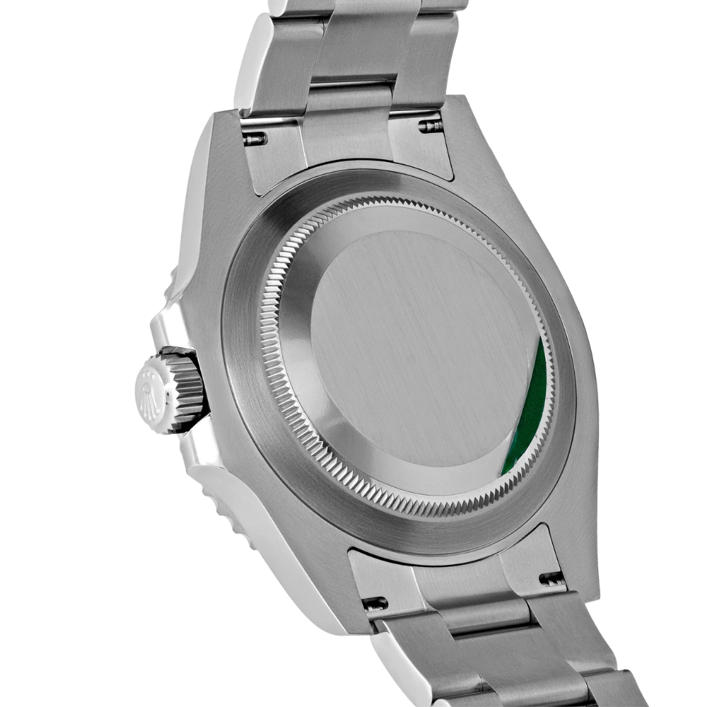 Rounded octagonal case with side ears, steel, black dial, integrated bracelet