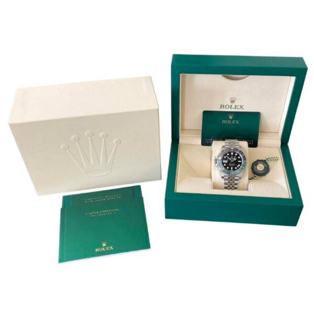 GMT, steel, two-tone green and black 24-hour bezel, green GMT hand