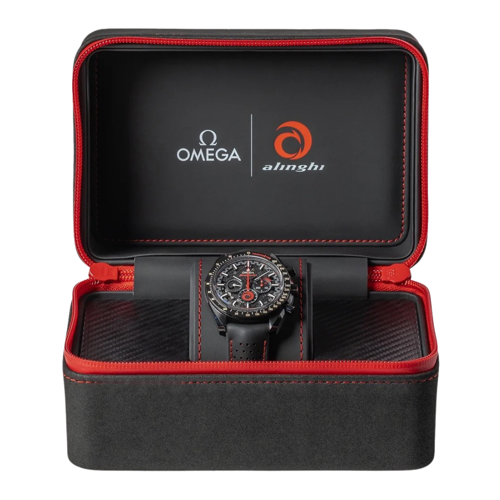 All-black chronograph with red accents