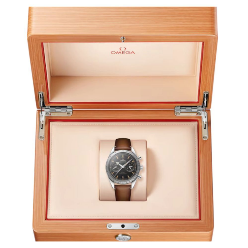 Tonneau case, black chronograph with rose-gold accents, brown leather strap