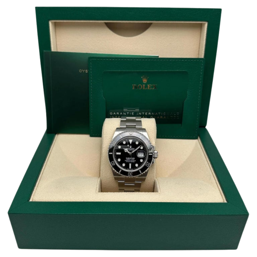 Rounded octagonal case with side ears, steel, black dial, integrated bracelet