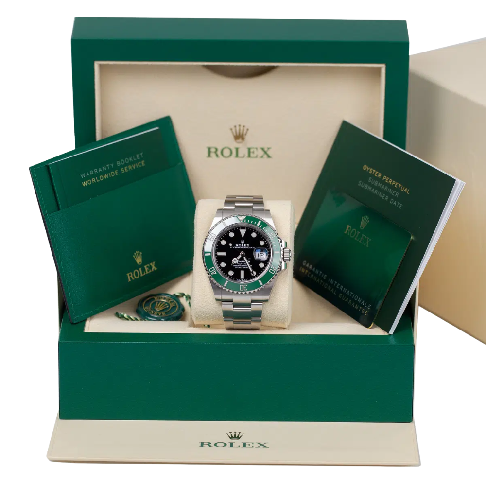 Square diver, steel, green 60-minute bezel, black dial