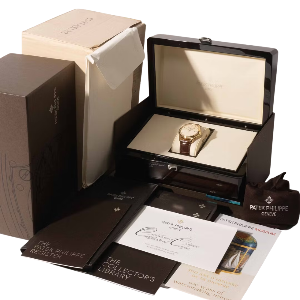 Rectangular gold case, cream champagne dial, croco-textured brown leather strap