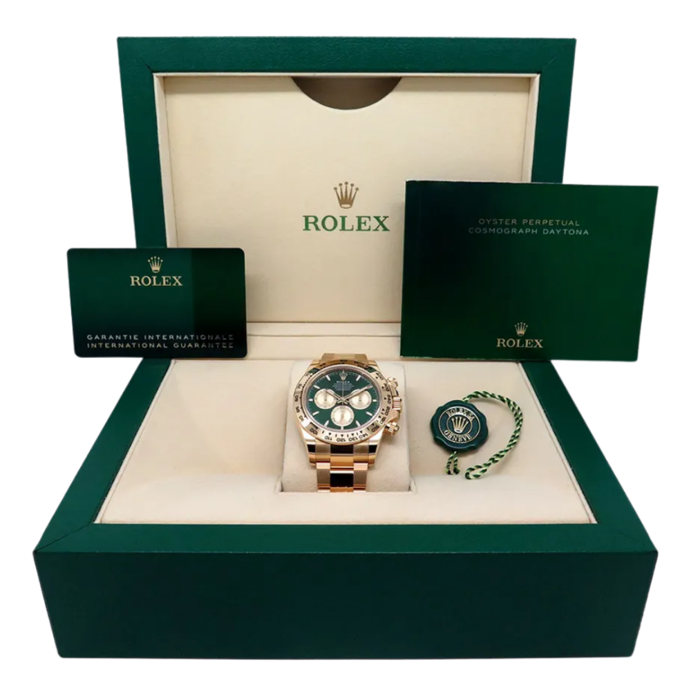Round dress watch, full gold, green sunburst dial, 5-link bracelet
