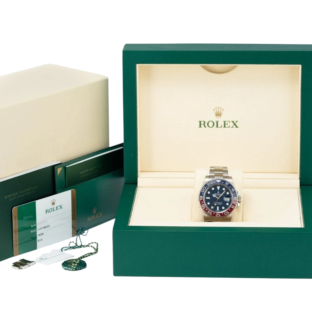 GMT, steel, black 24-hour bezel, triangle-tipped GMT hand