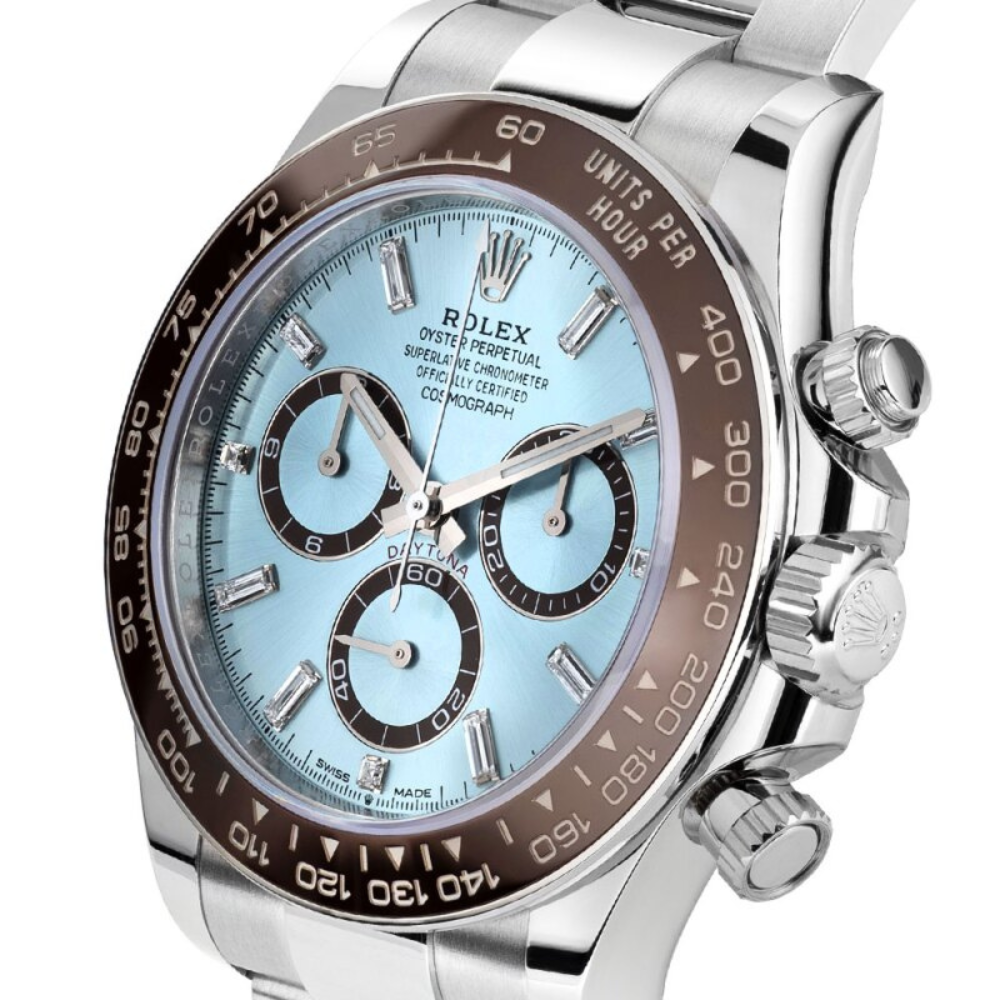 Steel, plain ice-blue dial, case with side pushers