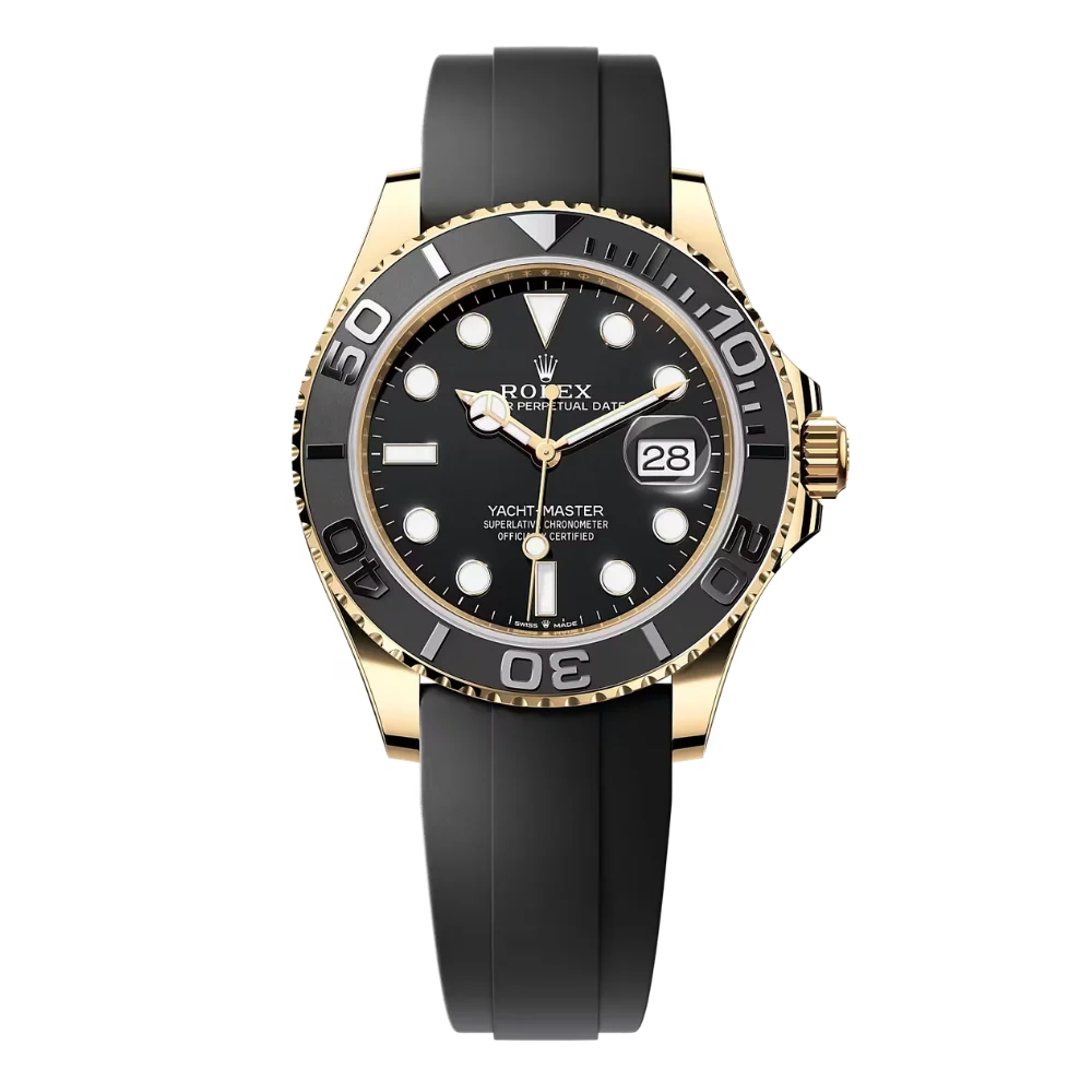 Gold case with black octagonal bezel, black dial, black rubber strap