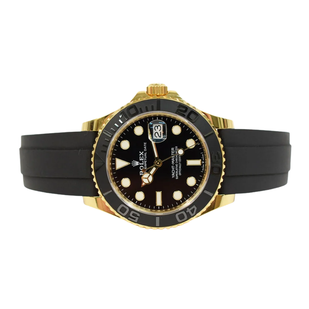 Gold case with black octagonal bezel, black dial, black rubber strap
