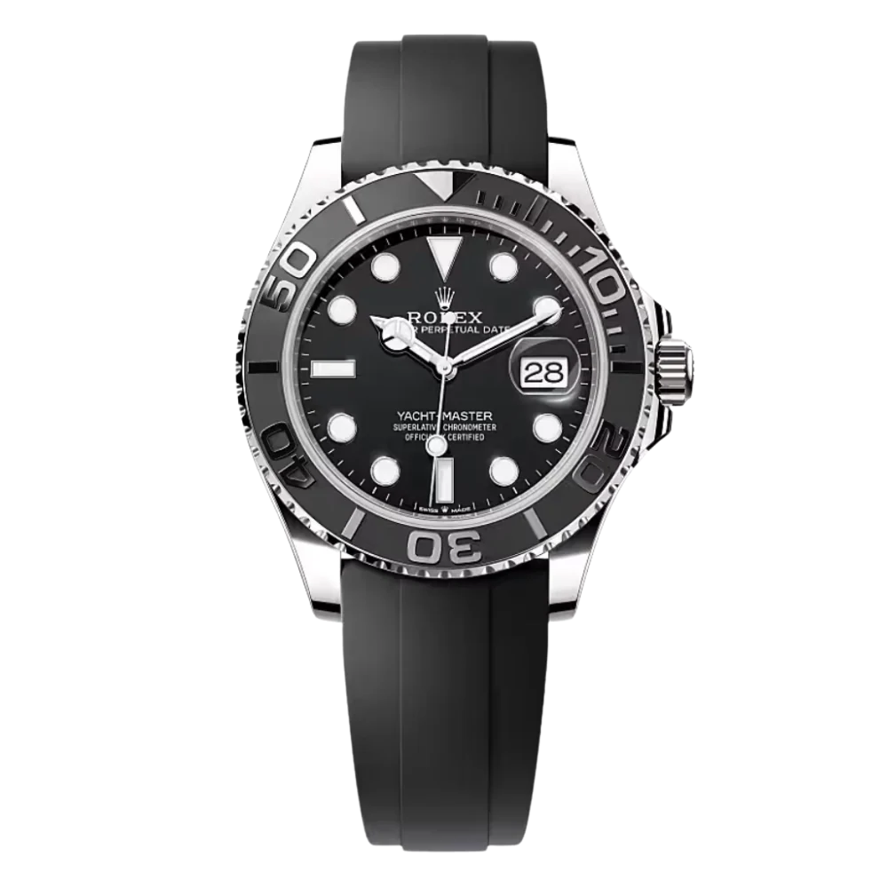 Octagonal case with 8-screw bezel, steel, black dial, black rubber strap